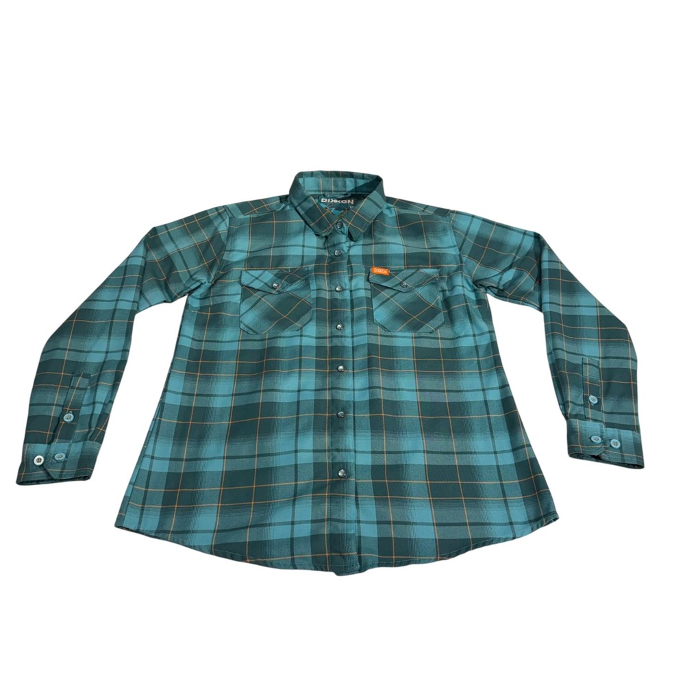 Dixxon Flannel Co Kingman D-Tech Teal Orange Plaid Shirt Womens Large Pearlsnap